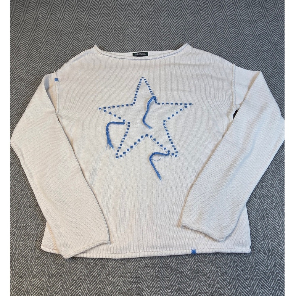 Wild Fable Cream Cotton Star Graphic Distressed Knit Sweater XXS